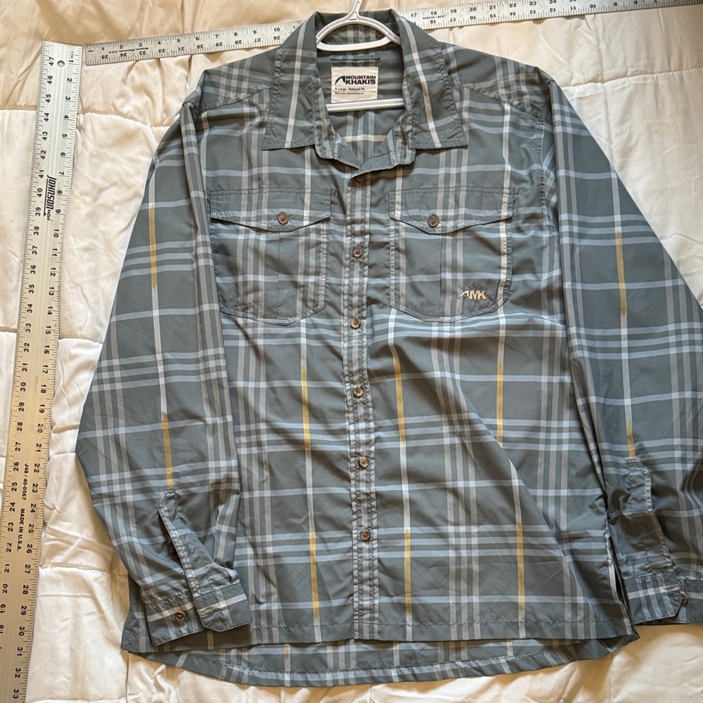 Mountain Khakis Gray and Yellow Plaid Casual Button Down Shirt